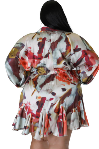 Final Sale Plus Size Satin Collar Baby Doll Dress in Multi Color Print