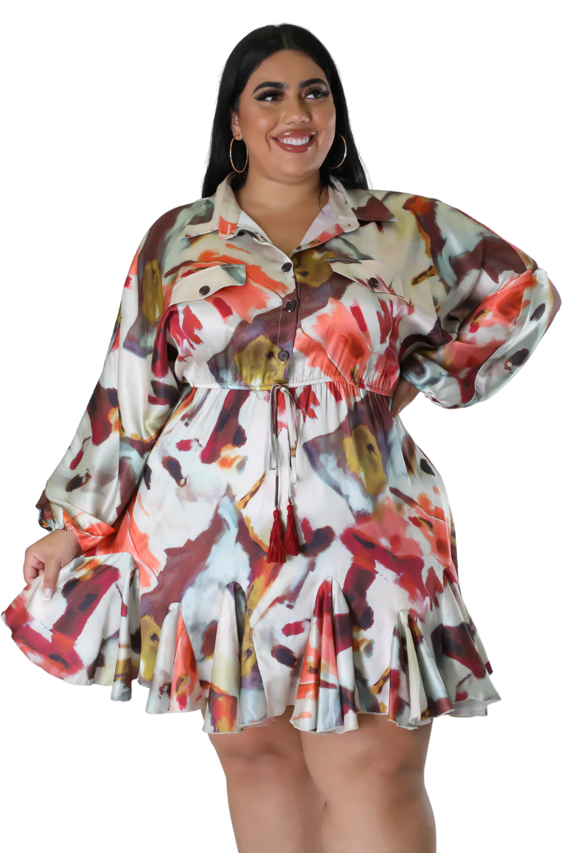 plus size women print dress Final Sale Plus Size Satin Collar Baby Doll Dress in Multi Color Print
