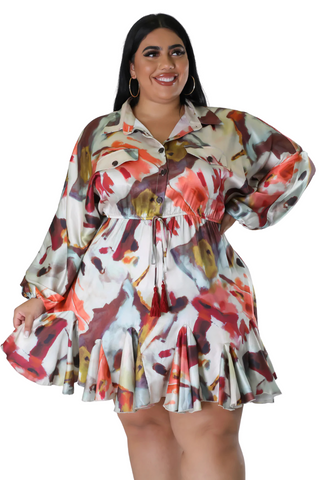 Final Sale Plus Size Satin Collar Baby Doll Dress in Multi Color Print