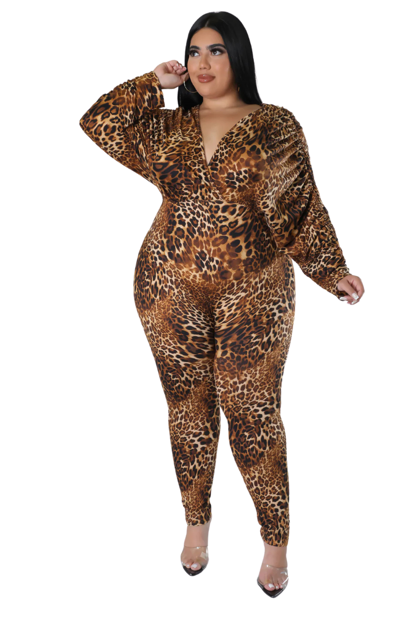 Final Sale Plus Size Faux Wrap Jumpsuit with Ruched Sleeves in Animal Print