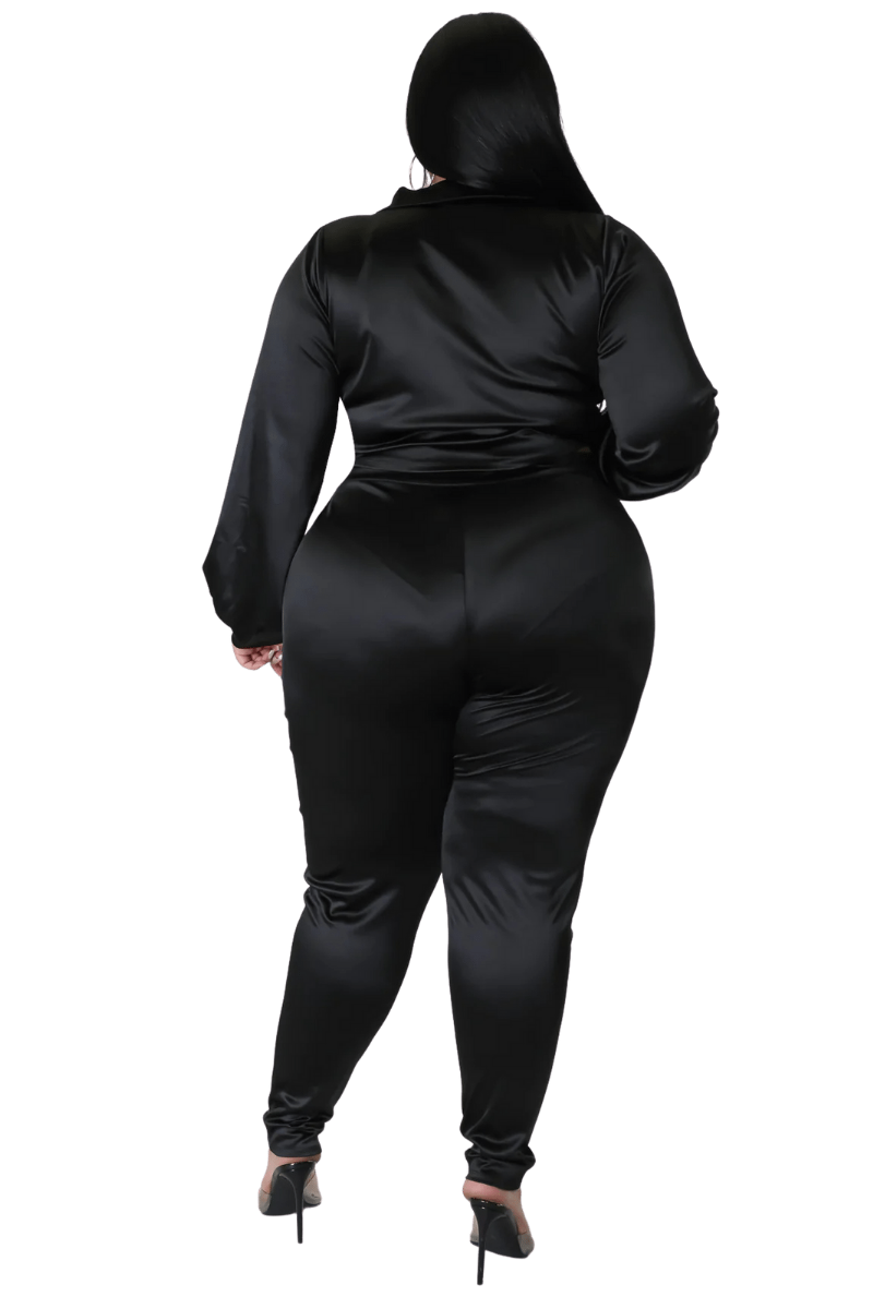 Final Sale Plus Size 2pc Shiny Satin Collared Crop Tie Top and Pants Set in Black