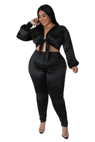 Final Sale Plus Size 2pc Shiny Satin Collared Crop Tie Top and Pants Set in Black