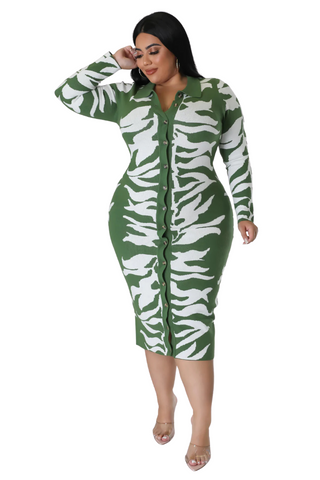 Final Sale Plus Size Collar Button Up Midi Dress in Olive and White Design Print