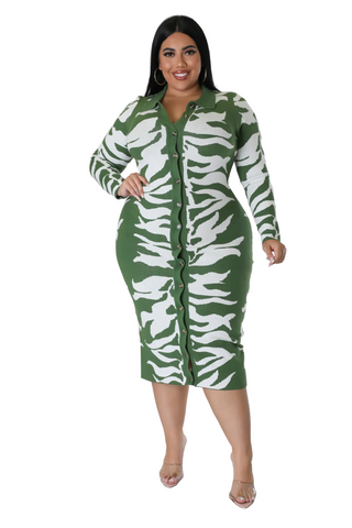 Final Sale Plus Size Collar Button Up Midi Dress in Olive and White Design Print