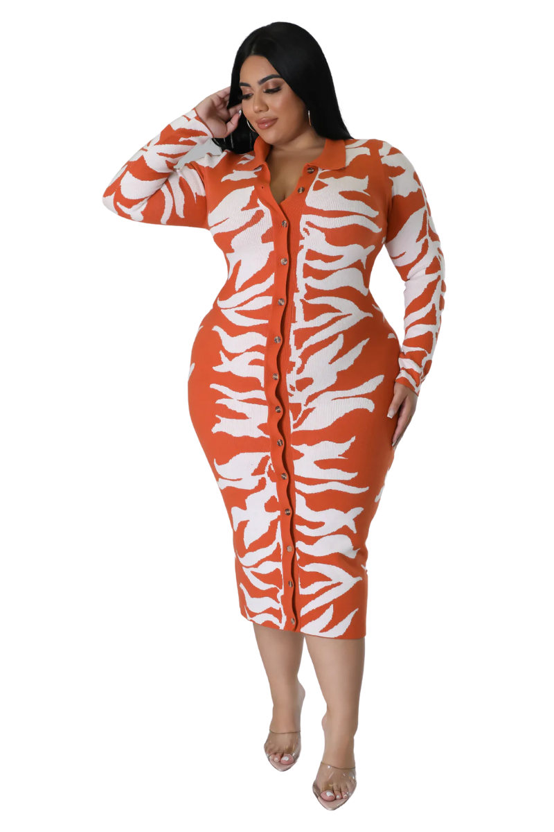 Final Sale Plus Size Collar Button Up Midi Dress in Rust and White Design Print