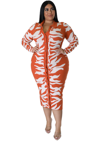 Final Sale Plus Size Collar Button Up Midi Dress in Rust and White Design Print