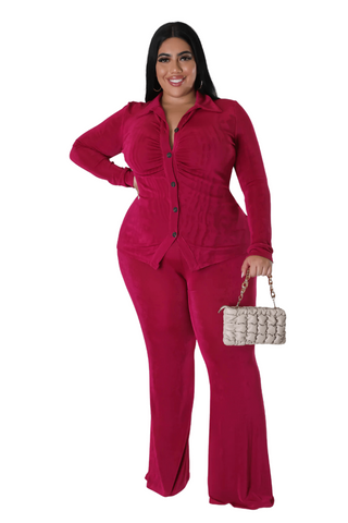 Final Sale Plus Size 2pc Slinky Button Up Collar Top and Pants Set in Magenta