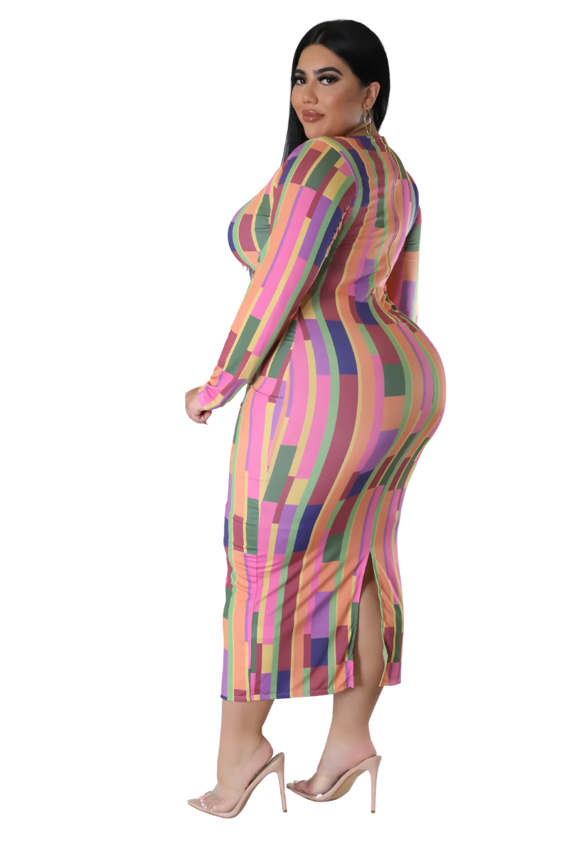 Final Sale Plus Size Long Sleeve Midi Dress with Back Slit in Multi Color Stripe Print