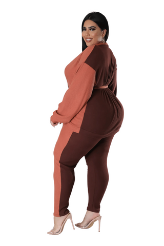 Final Sale Plus Size 2pc Ribbed kimono Top and Pants Set in Brown and Orange ColorBlock
