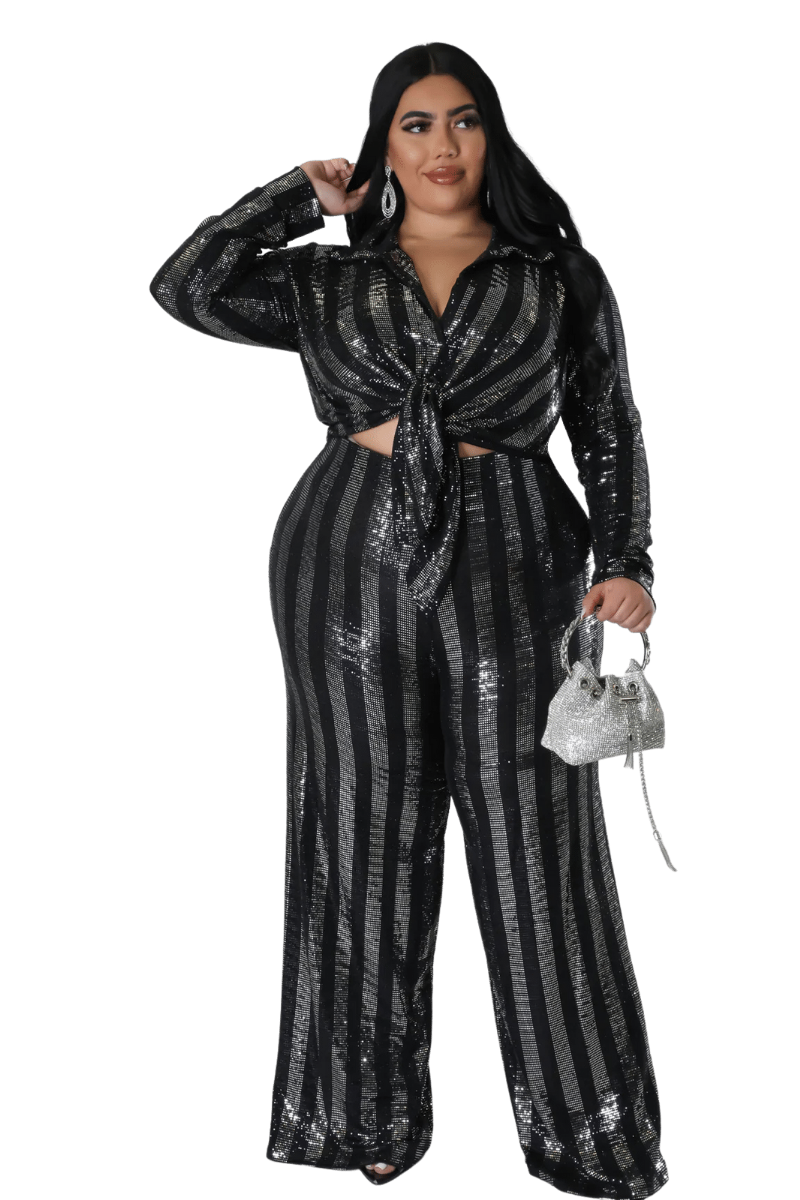 Available Online Only - Final Sale Plus Size Sequin 2pc Crop Top & Palazzo Pant Set in Black and Silver