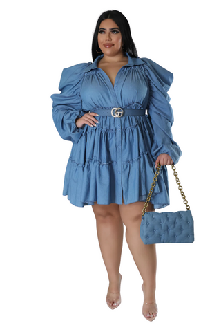Final Sale Plus Size Puffy Ruched Sleeve 3-Tiered Button Up Collar Baby Doll Dress in Light Blue Chambray