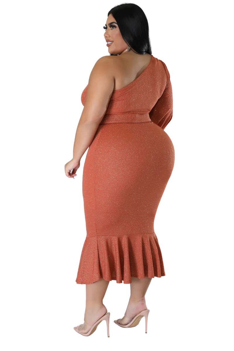 Final Sale Plus Size Shimmer One Shoulder Midi Dress with Bottom Ruffle in Rust