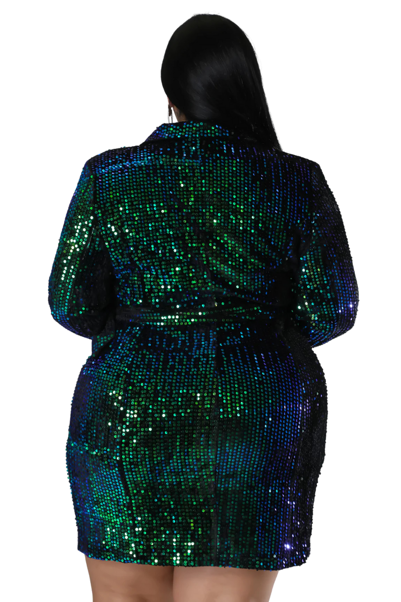 Final Sale Plus Size Sequin Blazer Dress with Rhinestone Buttons in Mermaid