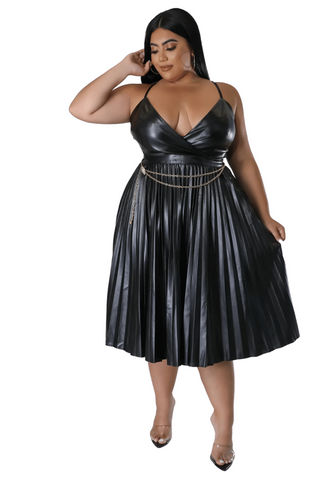 Final Sale Plus Size Faux Leather Faux Wrap Spaghetti Strap Pleated Dress in Black