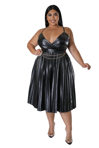 Final Sale Plus Size Faux Leather Faux Wrap Spaghetti Strap Pleated Dress in Black