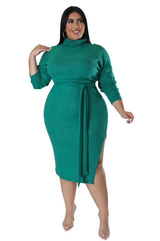 Final Sale Plus Size Long Sleeve Turtleneck Dress with Waist Tie and Slit in Green