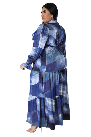 Final Sale Plus Size Satin Collar Button Up Maxi Dress with Attached Belt in Denim Patchwork