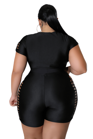 Final Sale Plus Size Short Set with Ripped Sides in Black