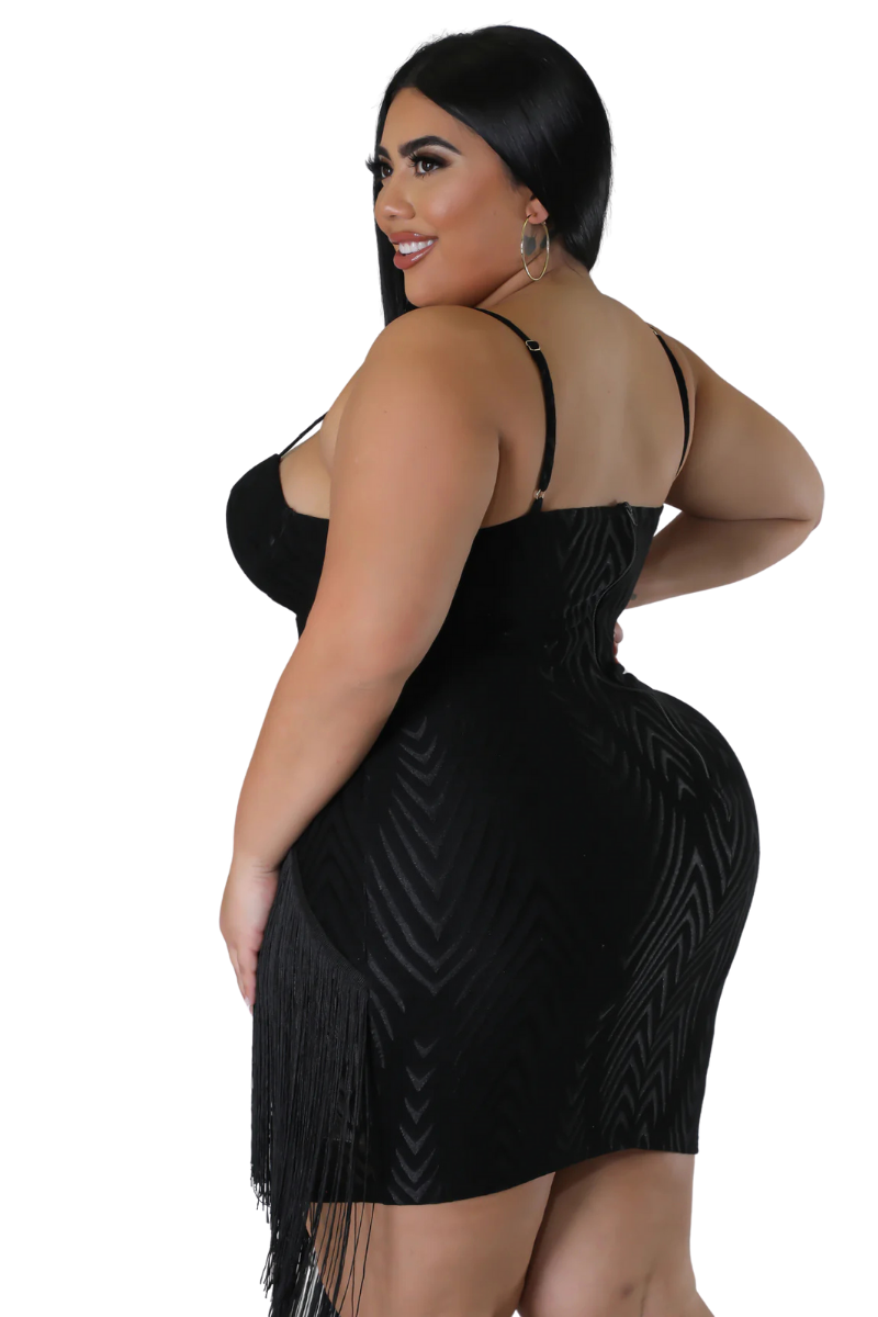 Final Sale Plus Size Spaghetti Strap BodyCon Dress with Side Fringe in Black