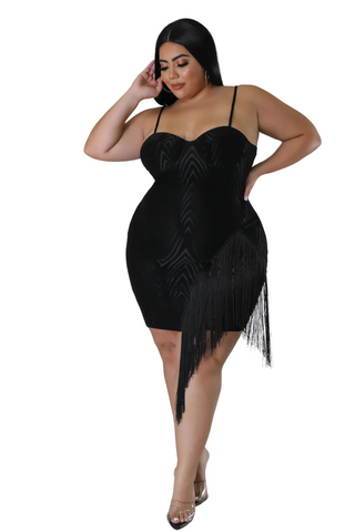 Final Sale Plus Size Spaghetti Strap BodyCon Dress with Side Fringe in Black