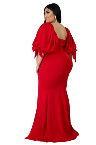 Final Sale Plus Size Puffy Sleeve Gown with Front Slit in Red