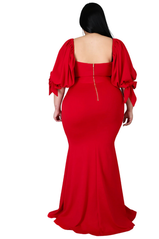 Final Sale Plus Size Puffy Sleeve Gown with Front Slit in Red