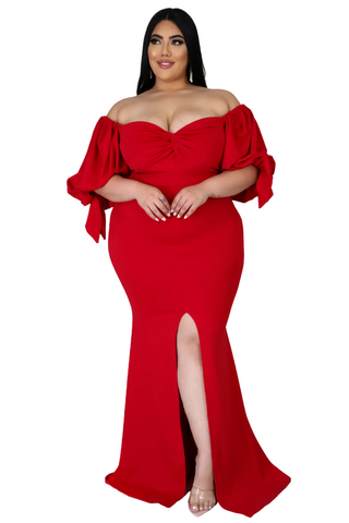 Final Sale Plus Size Puffy Sleeve Gown with Front Slit in Red