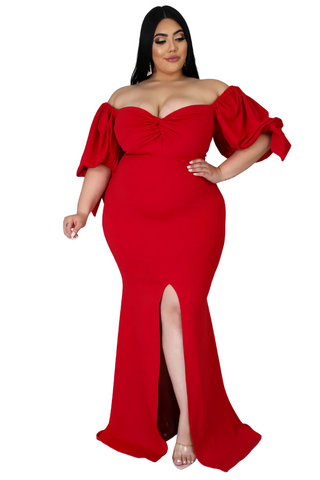 Final Sale Plus Size Puffy Sleeve Gown with Front Slit in Red