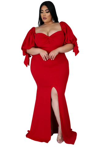 Final Sale Plus Size Puffy Sleeve Gown with Front Slit in Red