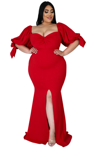 Final Sale Plus Size Puffy Sleeve Gown with Front Slit in Red