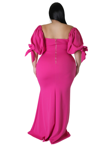 Final Sale Plus Size Puffy Sleeve Gown with Front Slit in Fuchsia