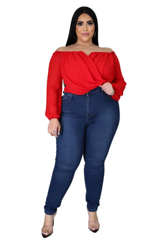 Final Sale Plus Size Chiffon Off the Shoulder Sweetheart Draping Blouse in Red