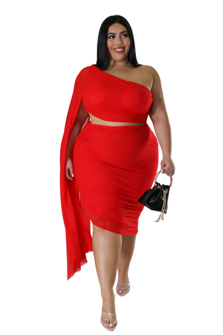 Final Sale Plus Size 2pc Set One Shoulder Long Train Crop Top and Ruched Skirt in Red