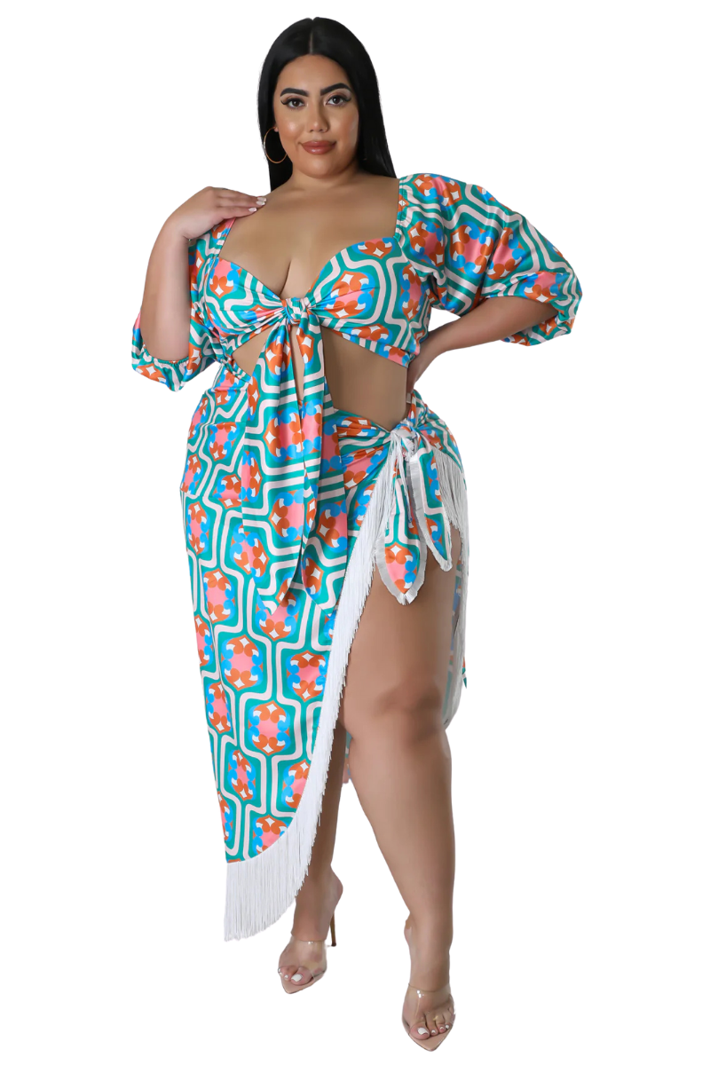 Final Sale Plus Size 2pc Stain Set (Crop Tie Top and Fringe Trim Skirt) in Green Design Print