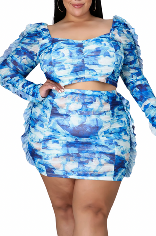 Final Sale Plus Size 2pc Crop Top & Skirt Set in Blue & White Latto