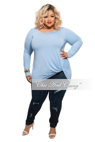 Final Sale Plus Size Long Sleeve Top with Knotted Front in Ice Blue