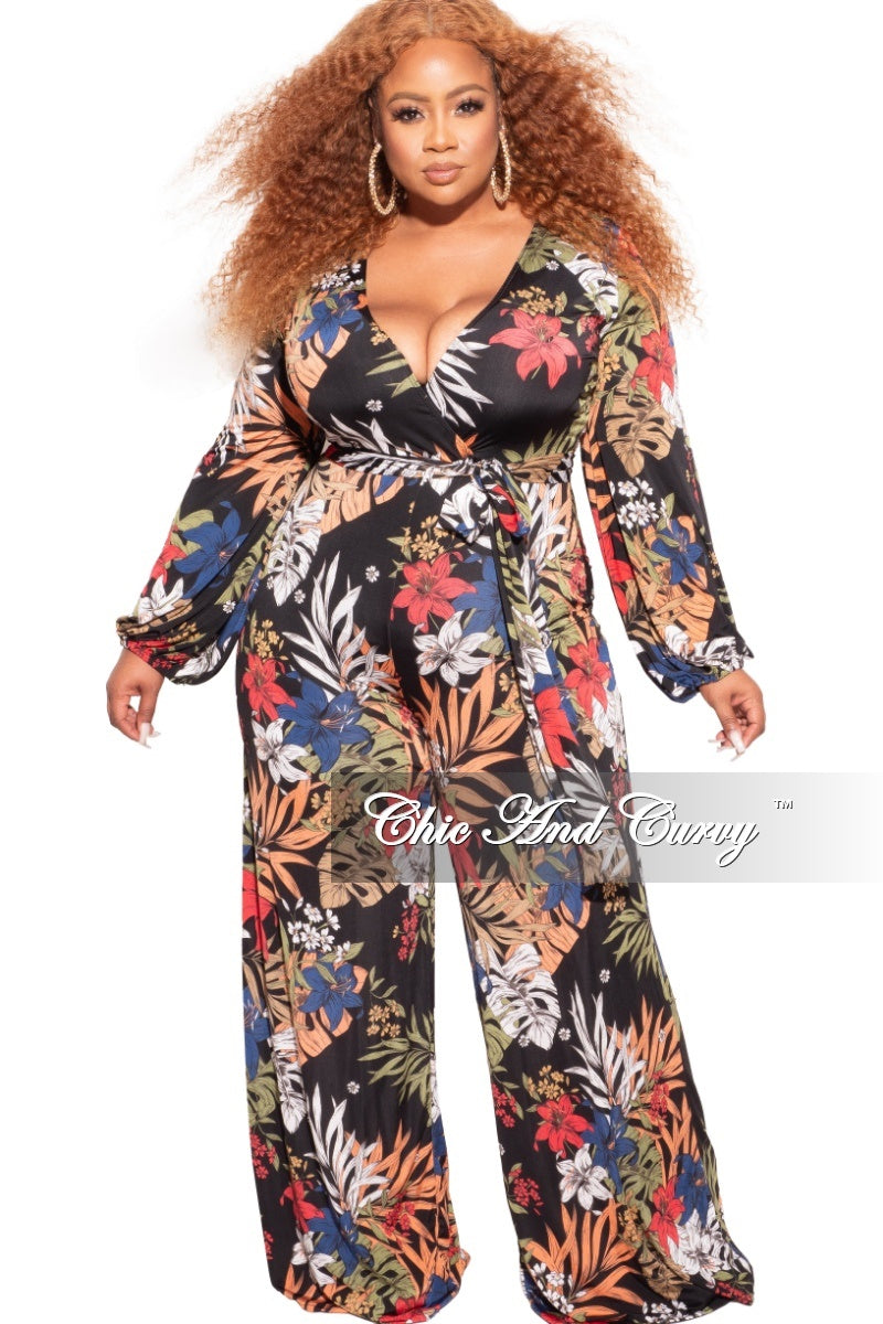 Final Sale Plus Size Long Sleeve Faux Wrap Jumpsuit with Attached Tie in Navy Floral Print