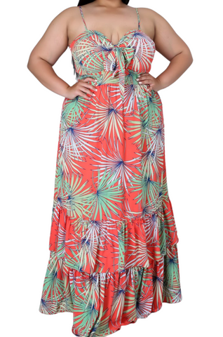 Final Sale Plus Size Tank Maxi Dress in Chiffon in Tomato, Green & Blue Summer