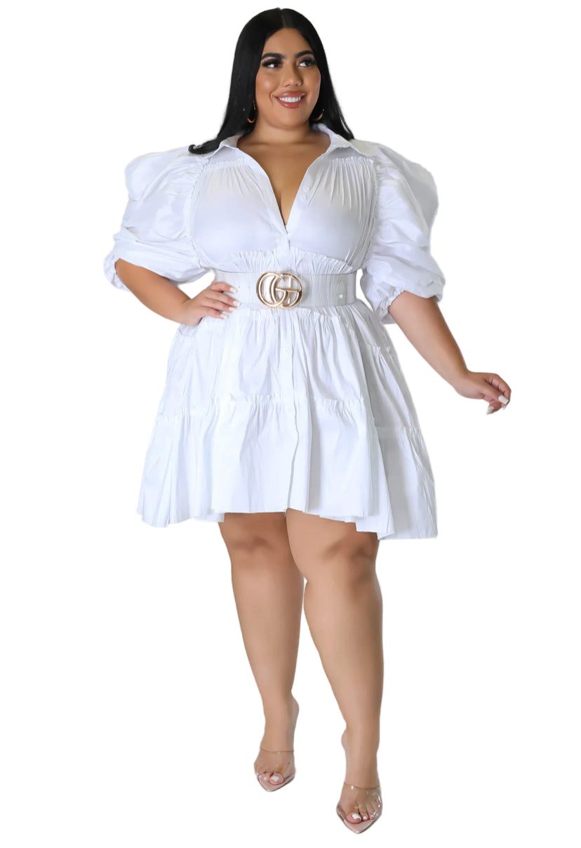 Final Sale Plus Size Puffy Sleeve 3-Tiered Button Up Collar Baby Doll Dress in White