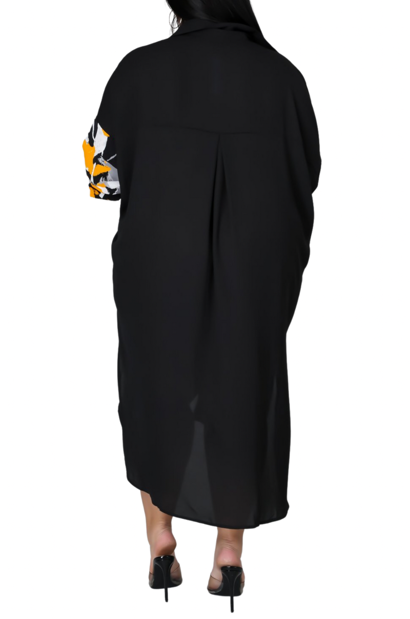 Final Sale Plus Size Hi-Low Shirt Dress in Black, Orange, Green, & Orange Camo Print