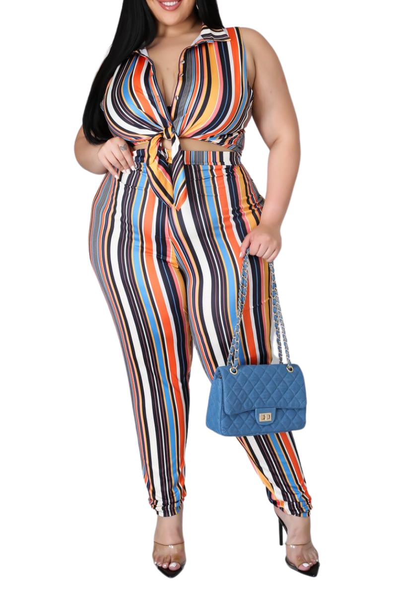 Final Sale Plus Size 2-Piece Sleeveless Crop Tie Top and High Waist Pant in Stripe Print Latto
