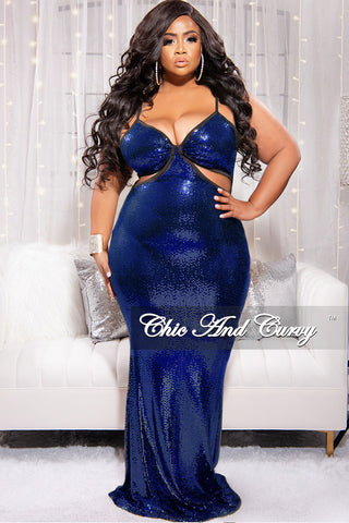 Final Sale Plus Size Spaghetti Strap Sequin Gown with Cut Outs in Royal Blue