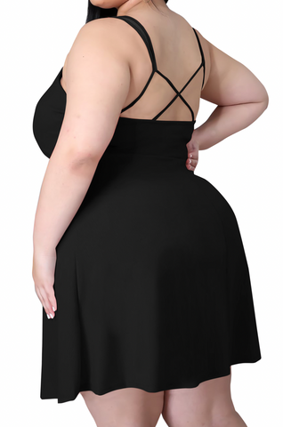 Final Sale Plus Size Spaghetti Strap Knit Crepe Dress in Black