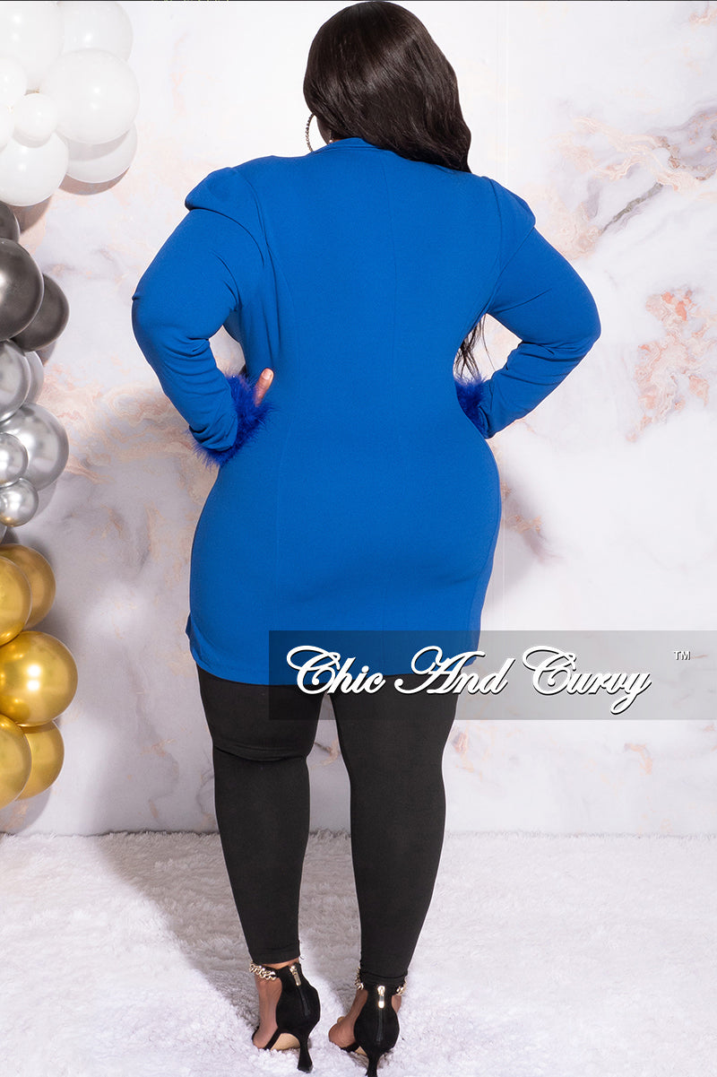 Final Sale Plus Size Button Blazer Dress with Feathers Cuffs in Royal Blue