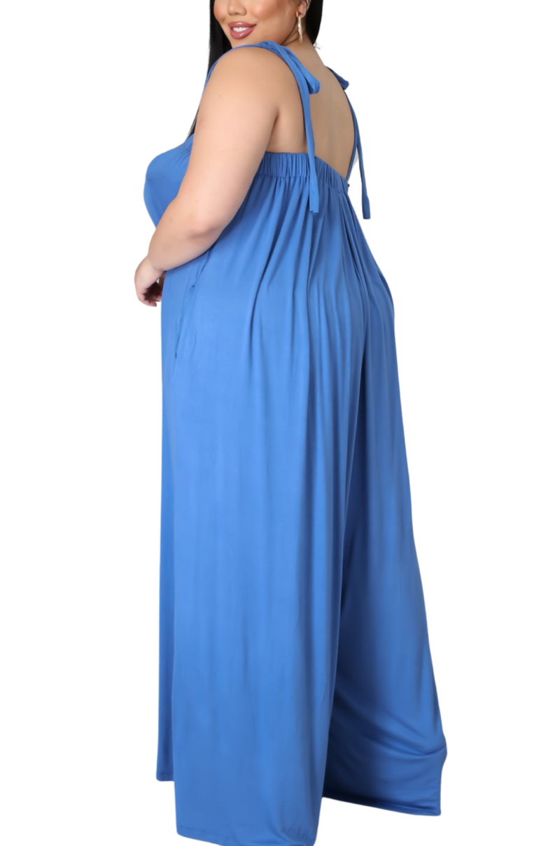 Final Sale Plus Size Oversized Jumpsuit with Self Tie Straps in Blue