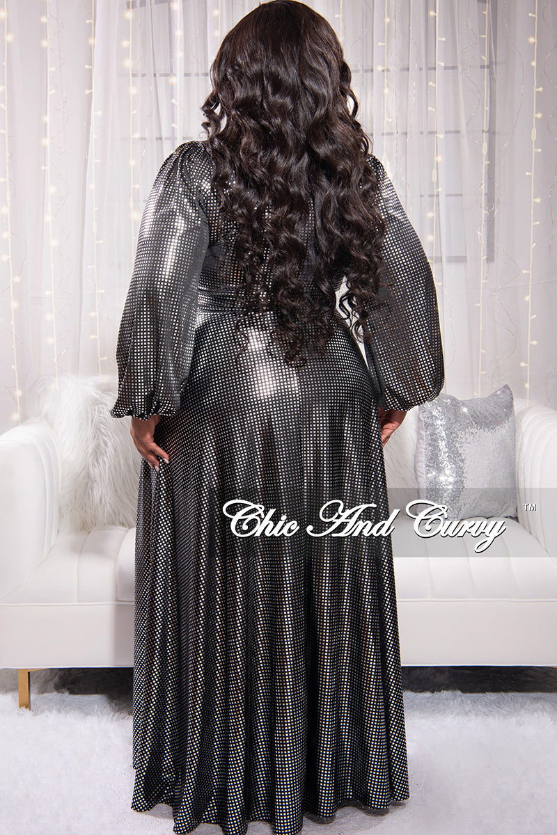 Final Sale Plus Size 2pc Long Sleeve Crop Tie Top and Skirt Set in Silver & Black Print