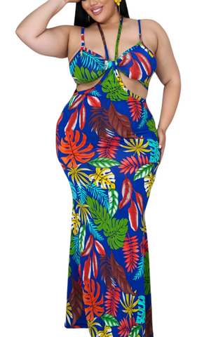 Final Sale Plus Size Maxi Dress with Cut Outs in Multi-Color Tropical Print