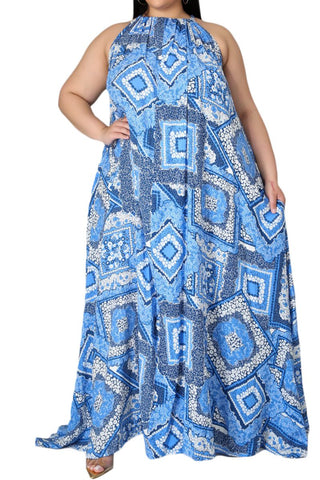 Final Sale Plus Size Long Halter Dress with Back Tie in Blue Bandana Print