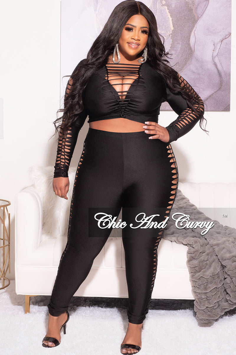 Final Sale Plus Size 2pc Cutout Design Top and Pants in Shiny Black