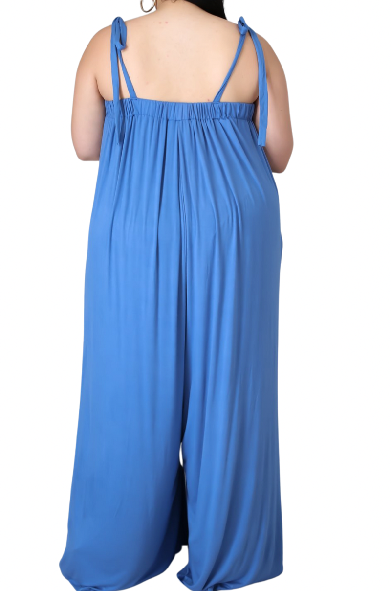 Final Sale Plus Size Oversized Jumpsuit with Self Tie Straps in Blue